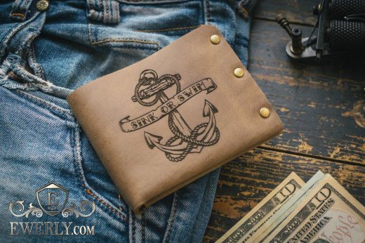 Мужской кошелёк из натуральной кожи с изображением якоря, фото